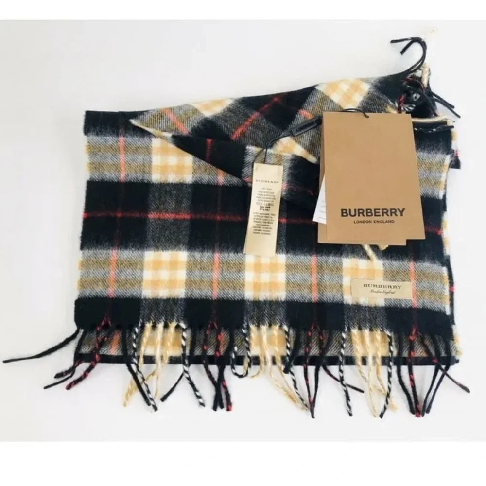 Burberry Cashmere Vintage Check Black Striped Logo Fringed Scarf